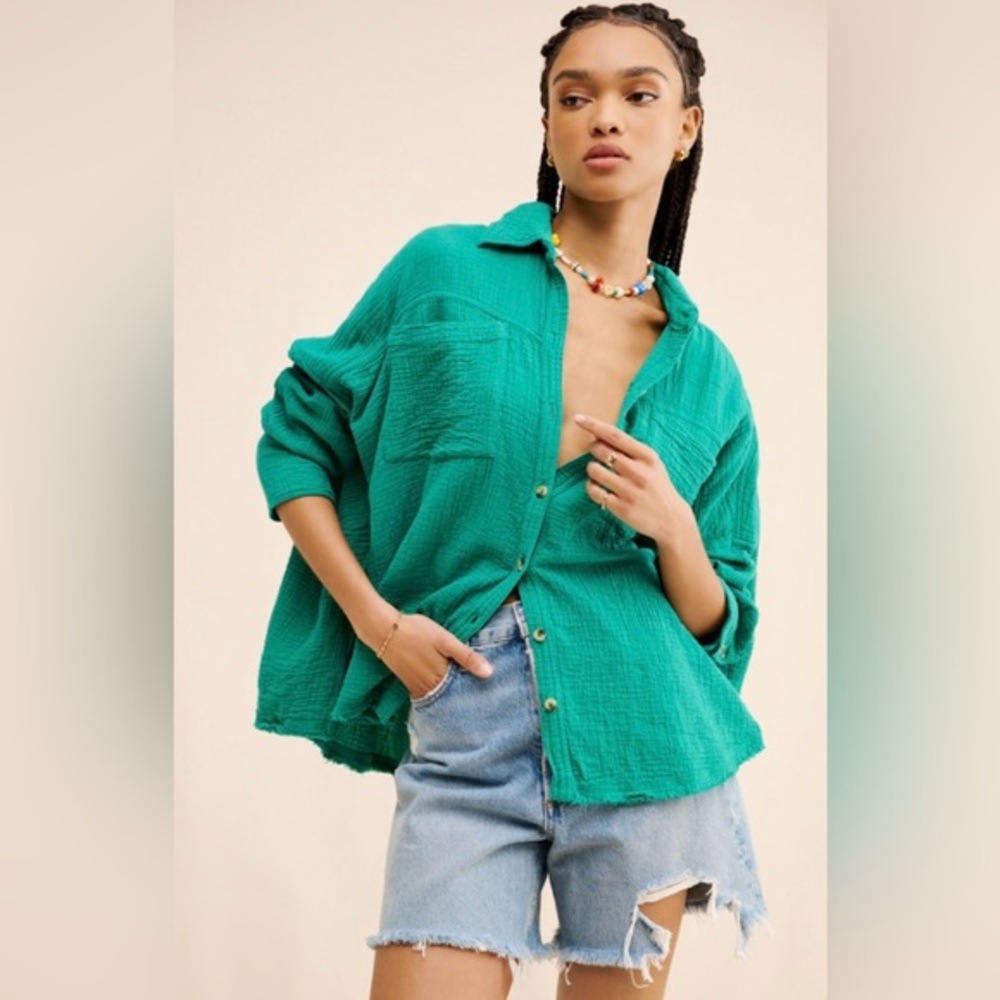 We the Free Free People Cardiff Top Button Down Long Sleeve Green Size Small
